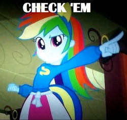 Size: 642x608 | Tagged: safe, rainbow dash, equestria girls, g4, my little pony equestria girls, check em, doubles, female, image macro, pointing, pose, solo