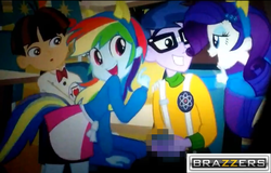 Size: 917x587 | Tagged: safe, edit, edited screencap, screencap, micro chips, rainbow dash, rarity, wiz kid, human, equestria girls, g4, my little pony equestria girls, background character, background human, bowtie, brazzers, censored, chair, clothes, female, glasses, hairband, hairclip, helping twilight win the crown, male, pants, shirt, sitting, skirt, suspenders, table, wondercolt ears, wondercolt tail, wondercolts uniform