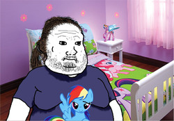 Size: 792x550 | Tagged: safe, pinkie pie, princess celestia, rainbow dash, twilight sparkle, g4, bed, bedroom, brony, brony stereotype, clothes, fat, feels, feels guy, female, mare, meme, neckbeard, stereotype, t-shirt, that's our sid, troll, why sid why, wojak