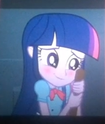 Size: 320x376 | Tagged: safe, twilight sparkle, equestria girls, g4, my little pony equestria girls, blushing, broom, female, implying, out of context, photo, picture of a screen, solo, stick