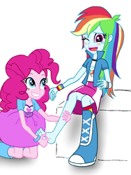 Size: 510x679 | Tagged: dead source, safe, artist:asdf314159265, pinkie pie, rainbow dash, equestria girls, g4, barefoot, blushing, boots, clothes, crying, feet, female, laughing, lesbian, one shoe off, rainbow socks, ship:pinkiedash, shipping, shoes, socks, striped socks, tears of laughter, tickling