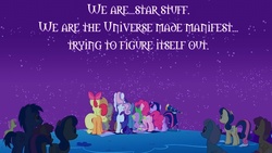 Size: 1280x720 | Tagged: safe, applejack, fluttershy, pinkie pie, rainbow dash, rarity, spike, twilight sparkle, g4, babylon 5, carl sagan, delenn, image macro, quote, quoteception, telescope, text