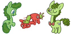 Size: 727x354 | Tagged: safe, artist:askloveletters, archibald, bob the tomato, larry the cucumber, ponified, veggietales