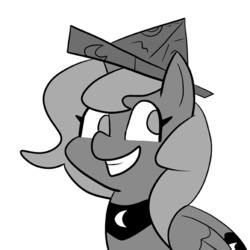 Size: 512x512 | Tagged: safe, artist:pembroke, princess luna, pony, moonstuck, g4, cartographer's cap, female, grayscale, hat, monochrome, simple background, solo, woona