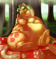 Size: 1280x1358 | Tagged: safe, artist:trinity-fate62, applejack, oc, earth pony, pony, g4, apple, applefat, basket, belly, butt, canon x oc, eyes closed, fat, female, freckles, hatless, huge butt, large butt, mare, missing accessory, obese, picnic, picnic basket, picnic blanket, plot, smiling, tree