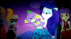 Size: 720x401 | Tagged: safe, edit, edited screencap, screencap, cloud kicker, cloudy kicks, photo finish, rarity, spike, starlight, dog, human, equestria girls, g4, my little pony equestria girls, animated, arm band, background character, background human, bracelet, clothes, collar, dog collar, dress, english, fall formal outfits, female, glasses, hair accessory, jewelry, male, necklace, ponied up, ponytail, shirt, skirt, spike the dog, spike's dog collar, tenso, text