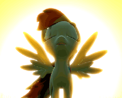 Size: 370x296 | Tagged: safe, artist:argodaemon, rainbow dash, pony, g4, 3d, animated, backlighting, crepuscular rays, female, mare, relaxing, solo, source filmmaker, spread wings, standing, sun, sunset, wind, windswept mane, wings, yaranaika