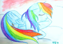 Size: 1024x717 | Tagged: safe, artist:fukitsuline, rainbow dash, g4, cloud, cloudy, cute, female, solo, watercolor painting