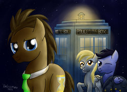 Size: 1024x743 | Tagged: safe, artist:katrina-mae, derpy hooves, doctor whooves, time turner, pegasus, pony, g4, doctor who, female, jack harkness, mare