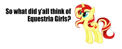 Size: 1874x763 | Tagged: safe, sunset shimmer, pony, unicorn, equestria girls, g4, my little pony equestria girls, bronybait, discussion, female, solo, text
