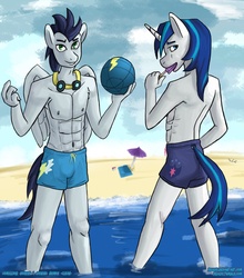 Size: 2458x2798 | Tagged: safe, artist:reashi, shining armor, soarin', pegasus, unicorn, anthro, g4, abs, beach, belly button, clothes, duo, duo male, goggles, looking at you, looking back, looking back at you, male, nipples, nudity, ocean, popsicle, swimming trunks, swimsuit, topless
