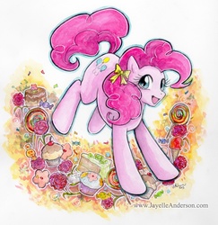 Size: 801x823 | Tagged: safe, artist:jayelle-anderson, pinkie pie, g4, bow, candy, cupcake, female, solo, traditional art