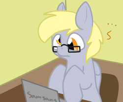 Size: 1280x1067 | Tagged: safe, artist:sgtpiggy, derpy hooves, pegasus, pony, g4, female, glasses, laptop computer, mare, product placement, solo