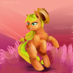 Size: 1280x1280 | Tagged: safe, artist:hiroshi-tea, applejack, g4, angry, female, hat, rearing, solo