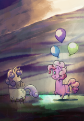 Size: 700x1000 | Tagged: safe, artist:5kmoe, artist:stubbleman, bon bon, pinkie pie, sweetie drops, g4, balloon, mouth hold, pointy ponies