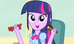 Size: 739x435 | Tagged: safe, artist:tiarawhy, spike, twilight sparkle, human, equestria girls, g4, my little pony equestria girls, animated at source, female, flash, meat, omnivore twilight, ponies eating meat, solo