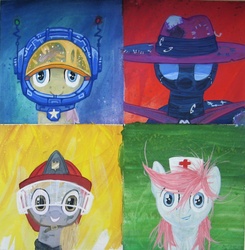 Size: 1070x1092 | Tagged: safe, artist:quiet-victories, alula, dinky hooves, mare do well, nurse redheart, pluto, g4, astronaut, clothes, costume, firefighter, hat, helmet