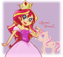 Size: 635x573 | Tagged: safe, artist:rirom, sunset shimmer, human, pony, unicorn, equestria girls, g4, my little pony equestria girls, crown, fall formal outfits, humanized, pixiv