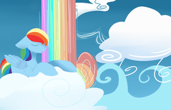 Size: 1024x663 | Tagged: safe, artist:dozymouse, rainbow dash, g4, cloud, cloudy, eyes closed, female, rainbow, solo