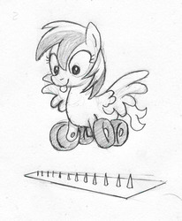 Size: 823x1000 | Tagged: safe, artist:php87, oc, oc only, oc:wheely bopper, original species, pegasus, pony, wheelpone, :p, flying, fuck the police, grayscale, hop, monochrome, sketch, smiling, solo, spike strip, spikes, spread wings, tongue out, traditional art, wings