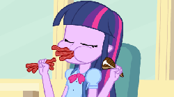 Size: 450x253 | Tagged: safe, artist:tiarawhy, screencap, twilight sparkle, equestria girls, g4, my little pony equestria girls, animated, bacon, chewing, female, meat, nom, omnivore twilight, ponies eating meat, solo