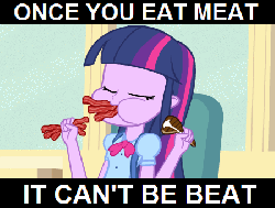 Size: 450x341 | Tagged: safe, artist:tiarawhy, edit, screencap, twilight sparkle, equestria girls, g4, my little pony equestria girls, animated, bacon, chewing, female, image macro, meat, nom, omnivore twilight, ponies eating meat, solo, twipred