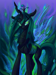 Size: 1500x2000 | Tagged: safe, artist:thiefofcookies, queen chrysalis, changeling, changeling queen, pony, g4, abstract background, crown, eye clipping through hair, female, glowing, glowing eyes, jewelry, looking at you, regalia, solo, standing