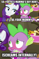 Size: 501x764 | Tagged: safe, edit, edited screencap, screencap, rarity, spike, dragon, pony, unicorn, dragon quest, g4, apron, bedroom eyes, blushing, caption, clothes, dragon ball, dragonball z abridged, female, image macro, implied incest, male, mare, naked apron, rarity's bad pickup lines, ship:sparity, shipping, straight