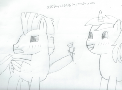 Size: 2187x1615 | Tagged: safe, artist:2shyshy, lyra heartstrings, thunderlane, g4, 30 minute art challenge, blushing, crack shipping, female, male, monochrome, rose, straight, thunderlyra, traditional art