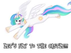 Size: 960x720 | Tagged: safe, artist:meewin, princess celestia, alicorn, pony, g4, angry, fangs, female, floppy ears, flying, frown, glare, let's fly to the castle, mare, open mouth, simple background, solo, spread wings, text, white background, wings