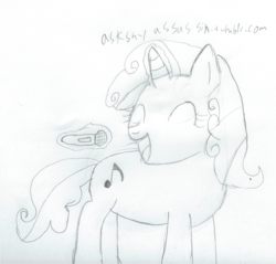 Size: 1466x1403 | Tagged: safe, artist:2shyshy, sweetie belle, g4, 30 minute art challenge, female, magic, microphone, monochrome, older, singing, solo, traditional art