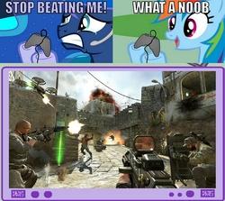 Size: 782x698 | Tagged: safe, princess luna, rainbow dash, alicorn, pegasus, pony, gamer luna, g4, call of duty, controller, dialogue, exploitable meme, gamer meme, gamerdash, gritted teeth, open mouth, sad, smiling, teary eyes, tv meme, video game