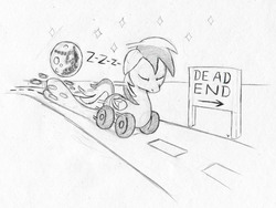 Size: 1611x1209 | Tagged: safe, artist:php87, oc, oc only, oc:wheely bopper, original species, pegasus, pony, wheelpone, dead end, grayscale, highway, mare in the moon, monochrome, moon, road, sign, sketch, sleeping, sleepwalking, solo, sound effects, stars, this will end in tears, traditional art, zzz