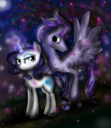 Size: 832x960 | Tagged: safe, artist:ghostfacenikol, rarity, oc, oc:kydose, pegasus, pony, unicorn, g4, canon x oc, female, love, magic, male, night, raridose, shipping, stars, straight, winghug