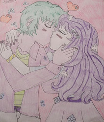 Size: 591x696 | Tagged: safe, artist:felixcalhounlove, rarity, spike, g4, female, heart, humanized, kissing, male, ship:sparity, shipping, straight, traditional art