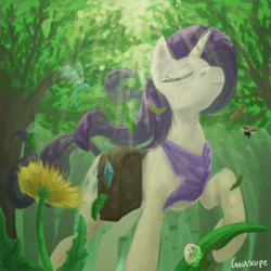 Size: 1000x1000 | Tagged: safe, artist:gaiascope, rarity, insect, g4, bag, eyes closed, female, scenery, solo