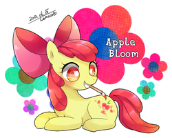 Size: 1000x800 | Tagged: safe, artist:zakro, apple bloom, g4, fake cutie mark, female, mouth hold, paint on fur, paintbrush, pixiv, solo