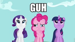 Size: 960x540 | Tagged: safe, edit, edited screencap, screencap, pinkie pie, rarity, twilight sparkle, g4, read it and weep, derp, image macro, puffy cheeks