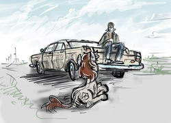 Size: 800x576 | Tagged: safe, artist:agm, oc, oc:volga pony, earth pony, human, pony, butt, car, plot, road, sitting, sketch