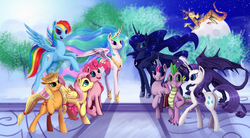 Size: 4500x2480 | Tagged: safe, artist:dalagar, applejack, discord, fluttershy, pinkie pie, princess celestia, princess luna, rainbow dash, rarity, spike, twilight sparkle, oc, g4, mane seven, mane six, older