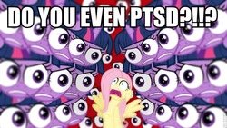 Size: 800x450 | Tagged: safe, edit, edited screencap, screencap, fluttershy, twilight sparkle, g4, hurricane fluttershy, do you even lift, image macro, post traumatic stress disorder, ptsd, special eyes