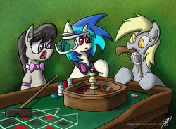 Size: 2791x2040 | Tagged: safe, artist:jorobro, derpy hooves, dj pon-3, octavia melody, vinyl scratch, pegasus, pony, g4, casino, female, gambling, gun, mare, mouth hold, pistol, revolver, roulette, russian roulette, trio