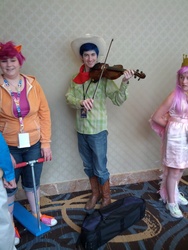 Size: 1944x2592 | Tagged: safe, fiddlesticks, scootaloo, human, trotcon, trotcon 2013, g4, apple family member, cosplay, fiddle, irl, irl human, photo
