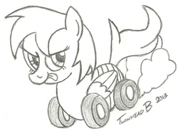 Size: 807x605 | Tagged: safe, artist:twinhead-b, oc, oc only, oc:wheely bopper, original species, pegasus, pony, wheelpone, :p, burnout, grayscale, monochrome, sketch, solo, tongue out, wheel