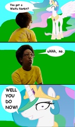 Size: 761x1278 | Tagged: safe, princess celestia, human, princess molestia, g4, austin reid, bedroom eyes, chat bubble, comic, comic sans, dialogue, irl, irl human, norbit, photo, rapeface, waifu