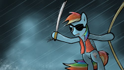 Size: 1191x670 | Tagged: safe, artist:makc-hunter, rainbow dash, pegasus, pony, g4, clothes, eyepatch, female, mare, pirate, pirate dash, solo, sword, weapon