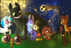 Size: 900x605 | Tagged: safe, artist:loryska, dj pon-3, vinyl scratch, oc, g4, bambi, crossover, disney, dreamworks, giroro, how to train your dragon, jack skellington, jiji, kiki's delivery service, mickey mouse, pixar, sergeant frog, the nightmare before christmas, toothless the dragon, wall-e, wholesome