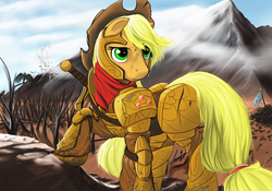 Size: 1200x840 | Tagged: safe, artist:boomythemc, part of a set, applejack, g4, armor, female, looking back, mountain, solo, sword, weapon