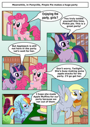 Size: 1024x1447 | Tagged: safe, artist:king-shoutmon, derpy hooves, pinkie pie, rainbow dash, twilight sparkle, pegasus, pony, g4, comic, female, mare, muffin, party