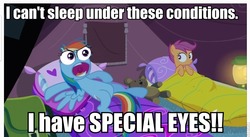 Size: 879x481 | Tagged: safe, edit, edited screencap, screencap, rainbow dash, scootaloo, g4, my little pony: friendship is magic, sleepless in ponyville, image macro, my brand, special eyes